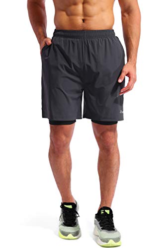 Image of Pudolla Men's 2 in 1 Running Shorts 5 inch Quick Dry Gym Athletic Workout Shorts for Men with Phone Pockets