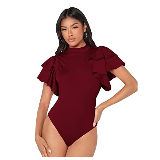 SOLY HUX Women's Mock Neck Ruffle Butterfly Sleeve Skinny Bodysuit Pure Maroon S