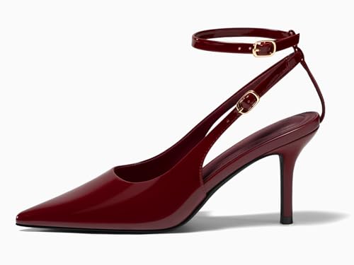 Coutgo Womens Slingback Stiletto Heels Closed Pointed Toe Dress Shoes Ankle Strap Pump Shoes,Wine Red,Size 9.54