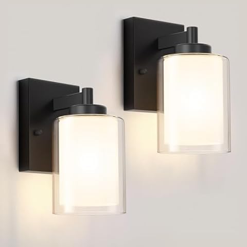Licperron 1-Light Wall Sconces for Bathroom, Modern Black Vanity Wall Light Fixtures with Dual Glass Shade, Farmhouse Sconces Wall Lighting for Mirror Bedroom Hallway Living Room (2-Pack) Cover