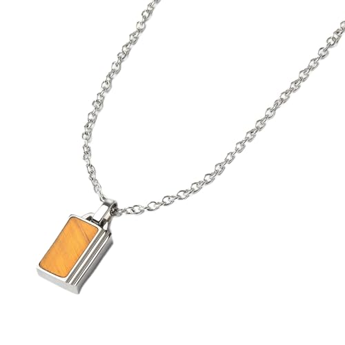 Image of Forge & Foundry Men's Minimalist Stainless Steel and Solid Onyx Inlay Pendant | 21 Inch Rolo Chain | Design-Led Artisan Jewellery From London (Silver - Tigers Eye)