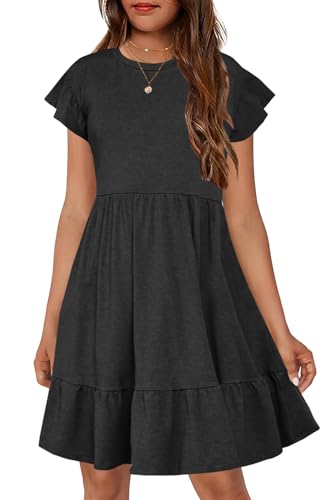 HOSIKA Girls Summer Dress Short Sleeve A-Line Ruffle Tiered Casual Dress with Pockets for 6-12 Years