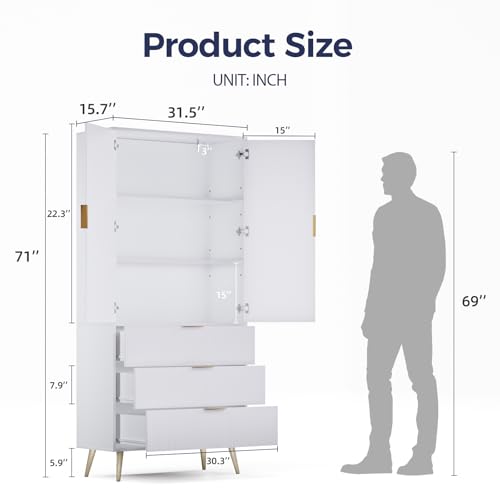 FONTOI Pantry Cabinet, Modern Kitchen Pantry Storage Cabinet with 3 Drawers 2 Doors, Wood Cupboard with Adjustable Shelves & Fluted Panel Design, Tall Storage Cabinet for Living Room, Kitchen, White