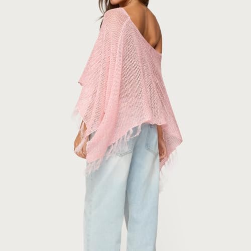 SOLILOQUY Women Y2K Tassels Knit Poncho Spark Sequined Off Shoulder Crochet Cape See-through Beach Cover Up Lightweight Shrug3