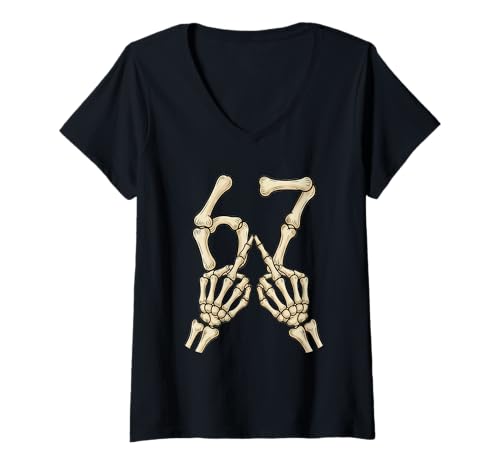 Women's 67 Meme Skeleton Hand 6 7 Halloween Six Seven Funny Teens V-Neck T-Shirt