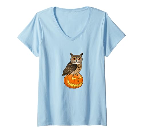 Womens Eurasian Eagle Owl Halloween Pumpkin Spooky Holiday V-Neck T-Shirt
