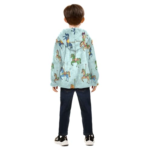 Carousel Horses on Blue Toddler Fleece Jacket Girl Boys Hooded Fleece Jacket Coat Warm Outwear Zip-up 3-10T4
