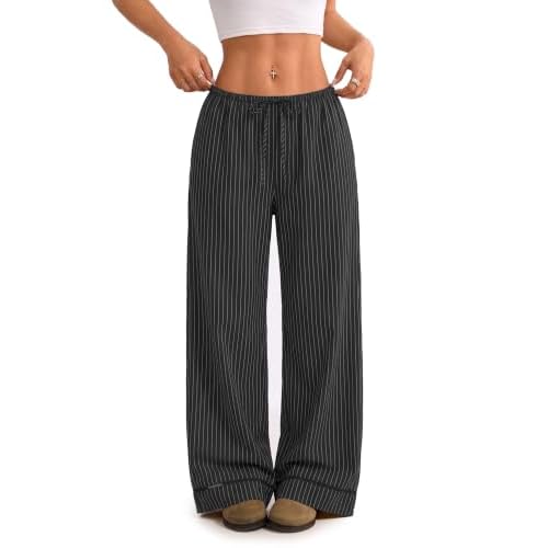 LOMON Women's Linen Blend Wide Leg Pants, Drawstring Waist with Pockets