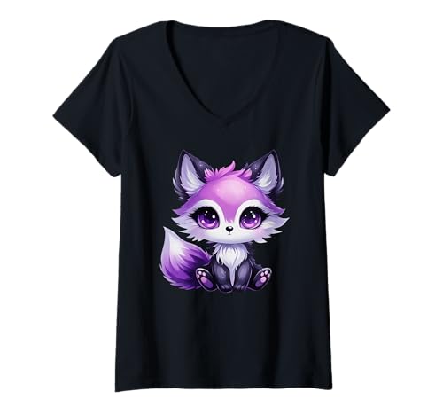 Damen Goth Purple Fox T-Shirt mit V-Ausschnitt