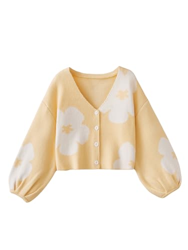 Verdusa Girl's Floral Knit Cardigans Bishop Long Sleeve Button Up Sweater Cardigan