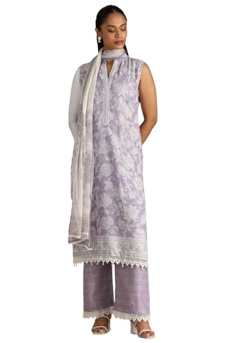 Image of Soch Womens Purple Linen Blend Botanical Print Suit Set With Beads