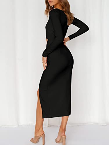 Anrabess Women's Long Sleeve Crewnenk Twist Cutout Holiday Party Dress Formal Slim Fit Slit Bodycon Midi Dress 622Heise-M Black #TOP3