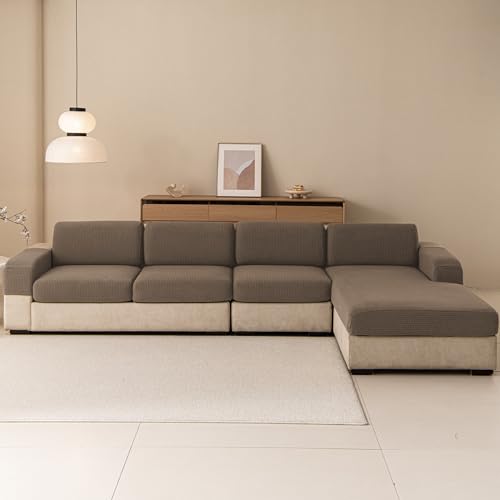 KaviKon Stretch Sectional Couch Covers, Wear Resistant L Shaped Sofa Slipcovers Washable Soft Protector Anti Slip Cover with Chaise Lounge (3PC*Seat Cushion Cover + 1PC*Chaise Cover, Grid Coffee) — view 6