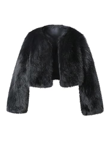 Verdusa Girl's Faux Fur Furry Fuzzy Jacket Open Front Drop Shoulder Coat Outerwear