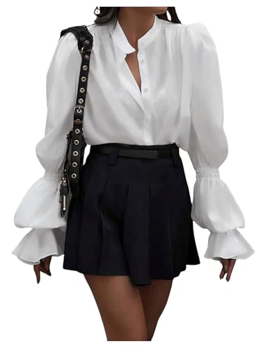 GORGLITTER Women's Long Bell Sleeve Button Down Blouse Pleated Mock Neck Dressy Work Shirts White Medium