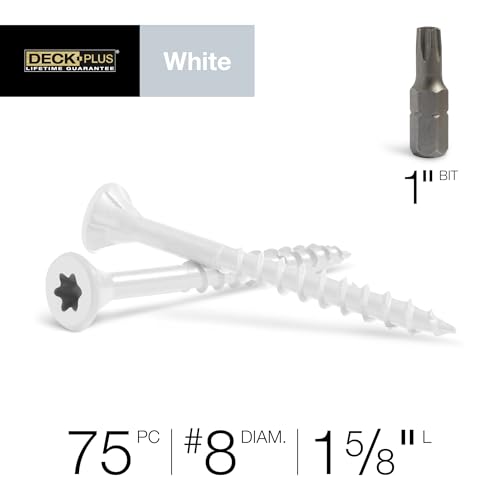 Image of Deck Plus 1-5 /8 Inch Epoxy Coated Exterior Wood and Fence Screws #8 x 1-5 /8 inch Torx /Star Drive Included Coarse Thread, Outdoor Rust Resistant Decking Screw, White, 75 Pieces | 42667