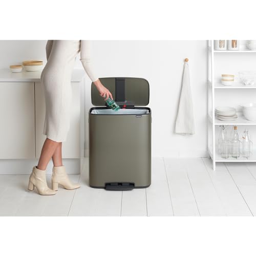Image of Brabantia Bo Step-On Kitchen Trash Can with Single Compartment | Platinum | 16 Gal Inner Bucket | Soft-Close Garbage Can, Light Pedal Operation, Stay-Open Lid | Fits Against Wall | + Trash Bags
