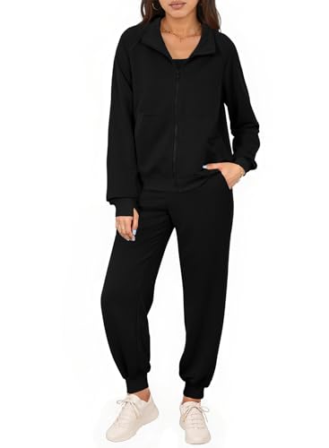 Aleumdr 2 Piece Outfits Sweatsuits for Women Zip up Sweat Set Oversized Sweatshirt Jacket with Jogger Sweatpants Athleisure Matching Lounge Sets Tracksuit 2025 Causal Fall Athletic Clothing Black