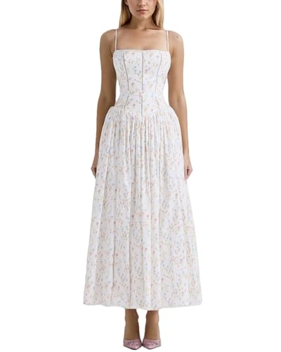 Women's Floral Print Maxi Dress, Square Neck, Spaghetti Strap, White Summer A-Line Sundress