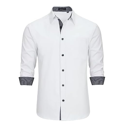HISDERN Camisa Social Masculina Casual com Contraste Interno Formal Clássico, Camisa Social com Botão, Manga Longa, Estampada, Ajuste Regular, Branco, P