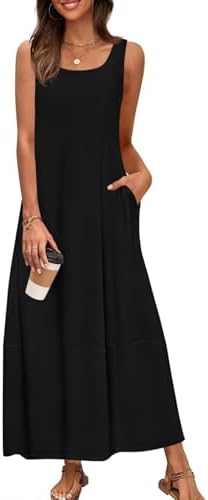 CFLONGE Casual Summer Sleeveless Maxi Dresses for Women 2025 Boho Square Neck Loose Tank Dress Beach Vacation Long Sundress