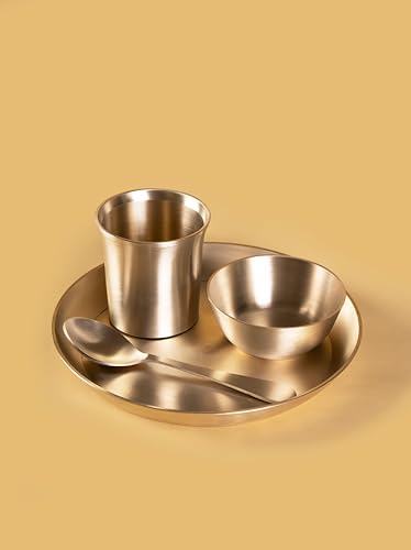 Image of Pure Kansa Dinner Set 4 Pieces | Bronze Thali Set 8 Inch Plate, 1 Bowl, 1 Glass, 1 Spoon | Handcrafted Ayurvedic Kansa Utensils | Matte Finish | Gift for Diwali Wedding Housewarming