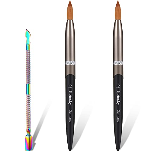 2 Pieces Acrylic Nail Brush Oval Crimped Kolinsky Acrylic Nail Brush Nails Art Brush Wood Nail Art Brush for Acrylic Application Manicure with Nail Art Stainless Steel Pusher Remover Tool (Size 12)