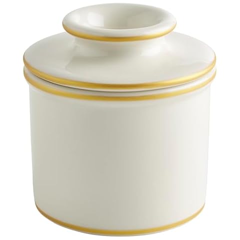 Butter Bell - The Original Butter Bell crock by L Tremain, a Countertop French Ceramic Butter Dish Keeper for Spreadable Butter, Le Bistro, White with Gold Trim Cover