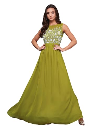 Image of Miss Chase Women's Round Neck Sleeve Embellished Fit Flare Maxi Dress