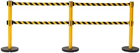 Twin Retractable Queue Barrier, Pull Out Safety Tape (Yellow Post, Black/Yellow Belt)