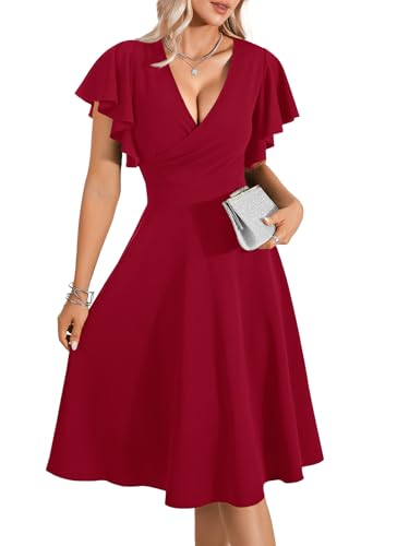 Image of LYANER Women's Warp V Neck Ruffle Short Sleeve A Line Swing Flared Cocktail Party Midi Dress