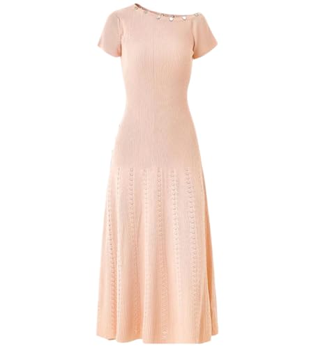 Women's Asymmetrical Slant Neck Short Sleeve Flared Skirt Solid Color Round Neck Slim Long Skirt Apricot M