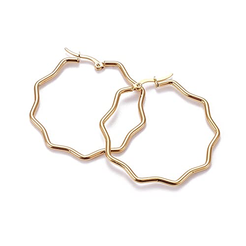 Boucles d'oreilles créoles en acier inoxydable, avec goupille en acier inoxydable, boucles d'oreilles hypoallergéniques, fleur, dorées, 43.5x44x2mm