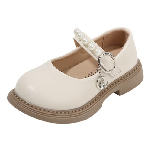 Girls Mary Jane Dress Shoes, Pearl Strap, White Patent Leather, Brown Sole