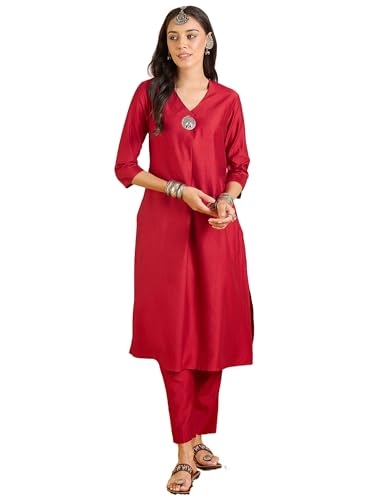 Image of INDO ERA Women's Viscose Solid A-Line Calf Length Kurta & Pant Set (IESTR12352)