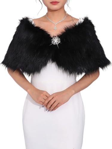 Aukmla Women Wedding Faux Fur Shawls and Wraps Bridal Fur Cape Stole Bridesmaid Bride Winter Cover Up with Rhinestones Brooch