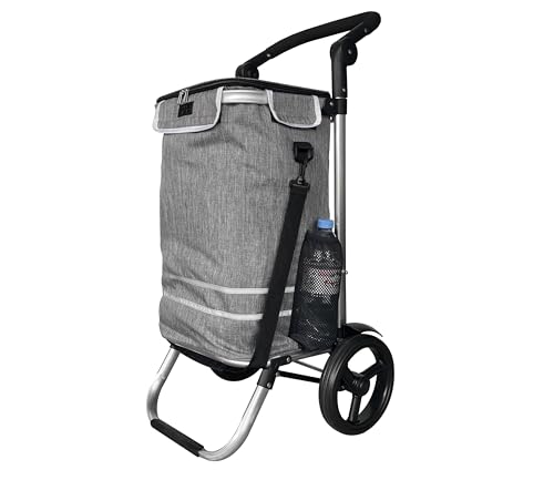 Faltbarer Aluminium Einkaufstrolley 57L (48L + 9L Kühlfach) Grau 50kg Traglast 35x45x98cm Eva Leichtlaufräder Ø20 5cm Klappbar Als Sackkarre & Umhängetasche nutzbar Einkaufswagen Haken