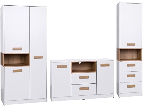 Marmex Kinderzimmer Komplettes Set Grant D, im Set: Kleiderschrank G1, Geschlossener Büchregal G6, Kommode mit Schubladen G5 - Farbe Weiß + Riviera Eiche