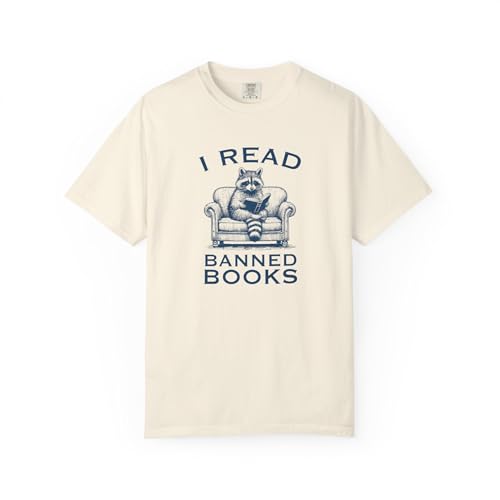 I Read Banned Books, Unisex Garment-Dyed T-Shirt, Funny Raccoon Retro Sitting Couch Sarcastic Bookworm Club Humor CE-241 Ivory