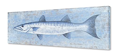 Yihui Arts Blue and White Fish Canvas Wall Art – Coastal Paintings with Textured for Living Room Bedroom Bathroom Decor