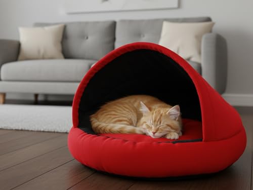 Image of GDB Cotton Premium Cozy Covered Pet Bed for Cats and Small Dogs Soft, Washable, Cave-Style Sleeping Bed with Anti-Slip Bottom Small Red Black.(LWH 51X51X15 CM)