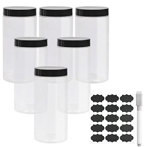 DODUOS 6 Pack Large Clear Plastic Storage Jars with Lids & Labels, Food Grade Containers, PET Container for Display, Pantry, Home & Kitchen Storage
