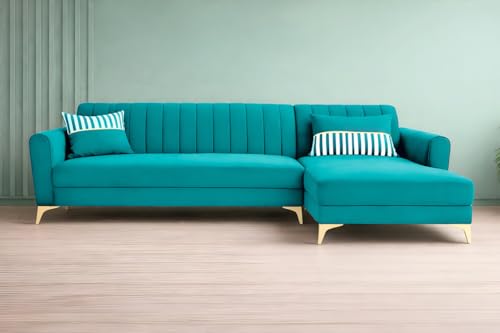 Image of Adorn India Premium Luster 8 Seater L Shape Sofa Set with 2 Puffy & 1 Center Table | Velvet Suede Fabric | 3-Year Warranty | RHS | Aqua Blue with Golden Legs & Striped Pattern Cushion