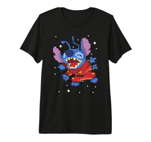 T-shirt Stitch Disney Lilo et Stitch Pixel Space en coton premium noir