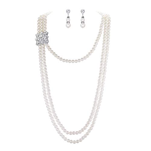 EVER FAITH Women's Crystal Simulated Pearl Vintage Wedding Multilayer Flower Leaf Long Necklace Earrings Set