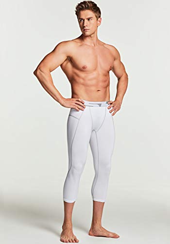 Tsla Men's 3/4 Compression Pants, Running Workout Tights, Cool Dry Capri Athletic Leggings, Yoga Gym Base Layer, Control Capris White, Large #TOP5