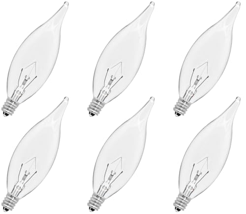 CYLYT 6-Pack E12 Candelabra Light Bulbs 40W Warm White 2500K, 380 Lumen Dimmable Chandelier Light Bulbs for Ceiling Fan, Pendants or Outdoor, CA10 Clear Incandescent Candle Base Bulbs