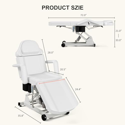 OKAKOPA Electric Lift Esthetician Bed Tattoo Chair for Client, Adjustable Backrest and Legrest Facial Spa Chair with Wheel, Massage Table for Beauty Microblading, Wax, White