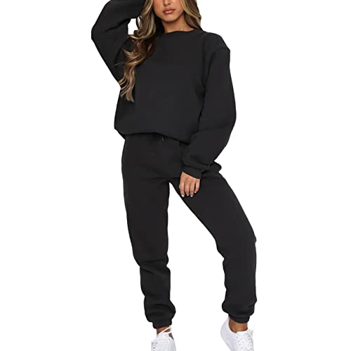 amropi Chándal de Mujer Sudadera Pullover de Lana y Pantalones Conjunto de Ropa 5XL,Negro