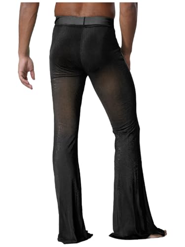 YiZYiF Sheer Mesh Cover Up Pants for Men High Waist Elastic Waistband Flared Bell Bottom Long Trousers2